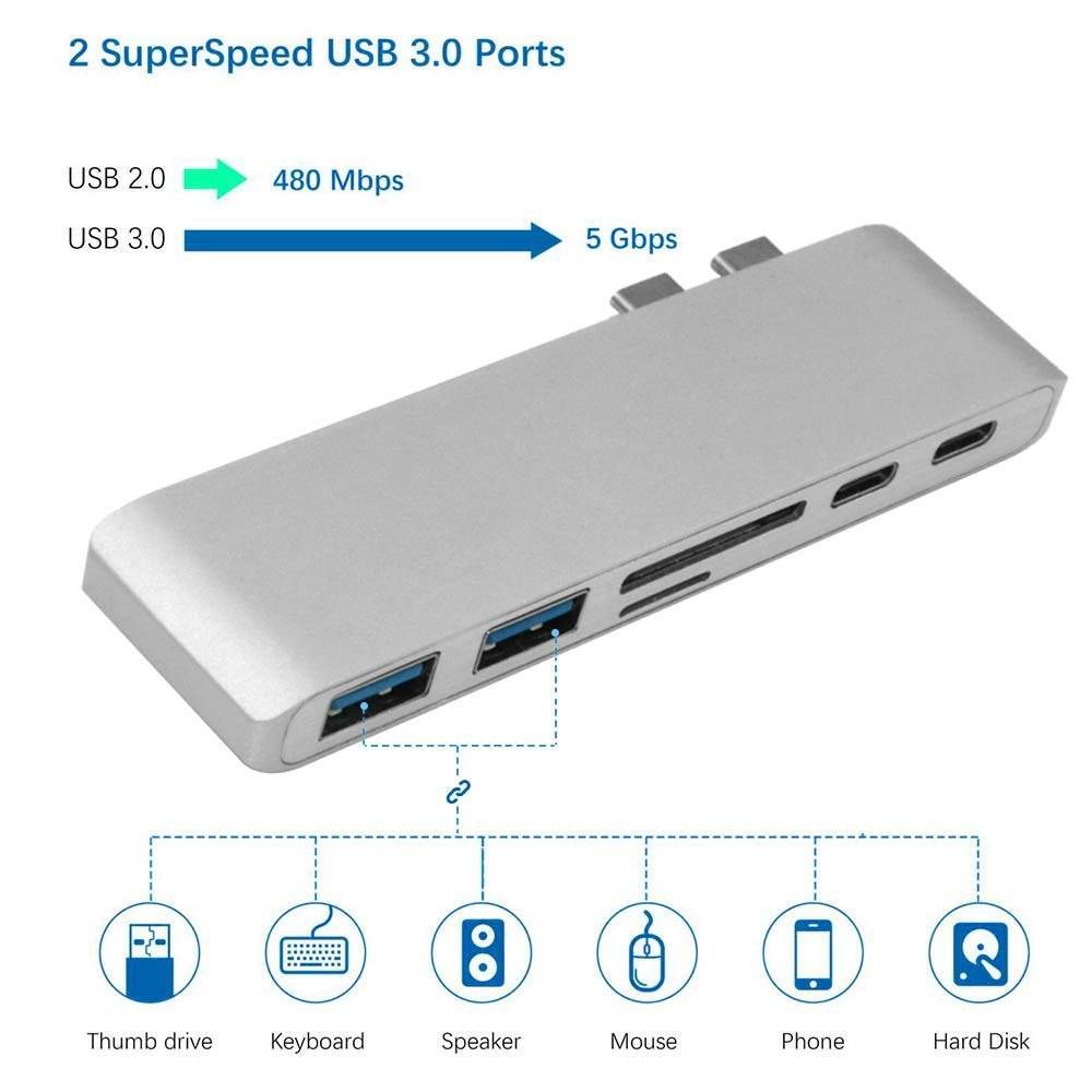 6-In-1 USB C HUB Aluminum Alloy Type C Hub Adapter with Card Reader Support Charging for MacBook Pro