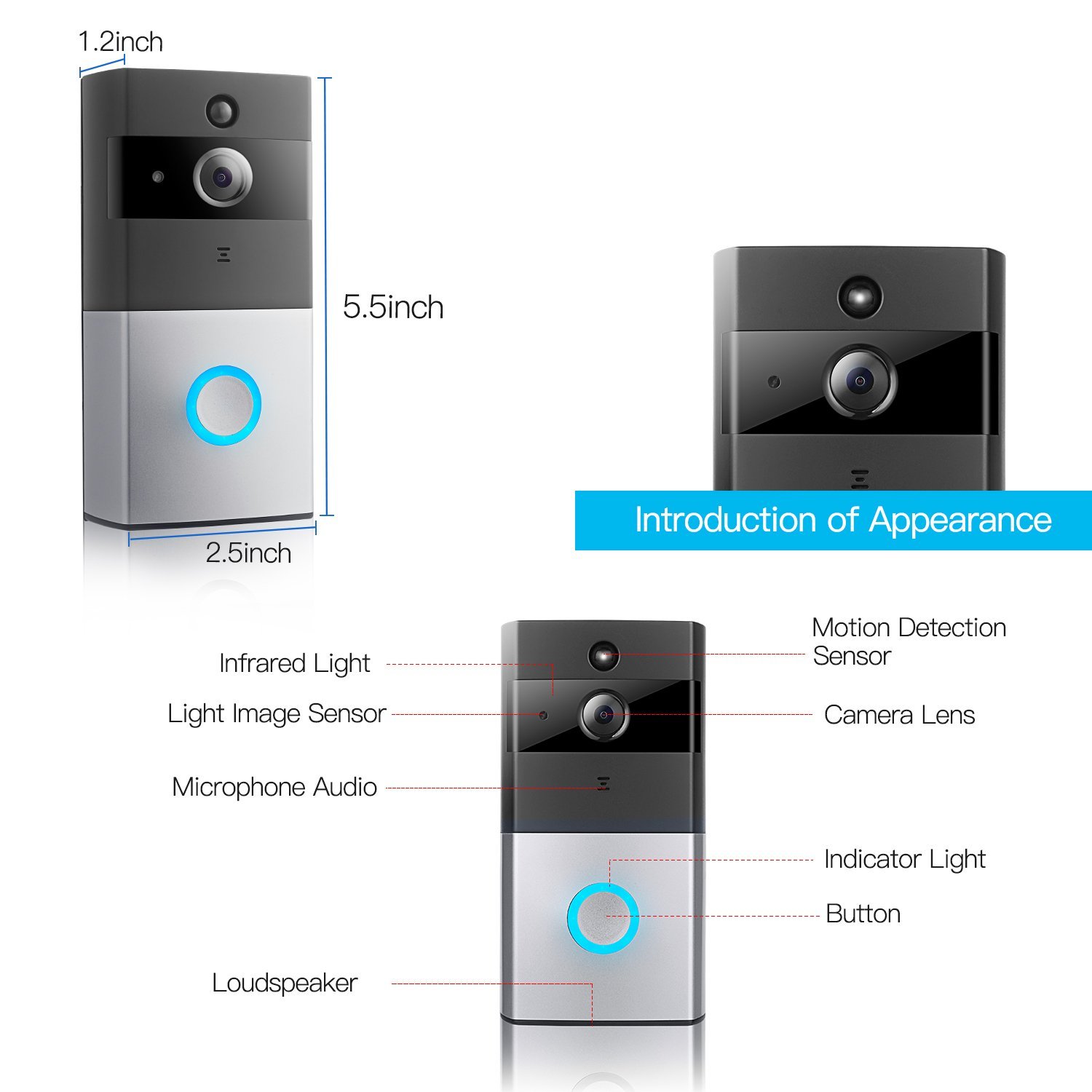 Wireless Wi-Fi Video Doorbell Cam, 720P HD Security Camera, Night Vision, IOS/ Android