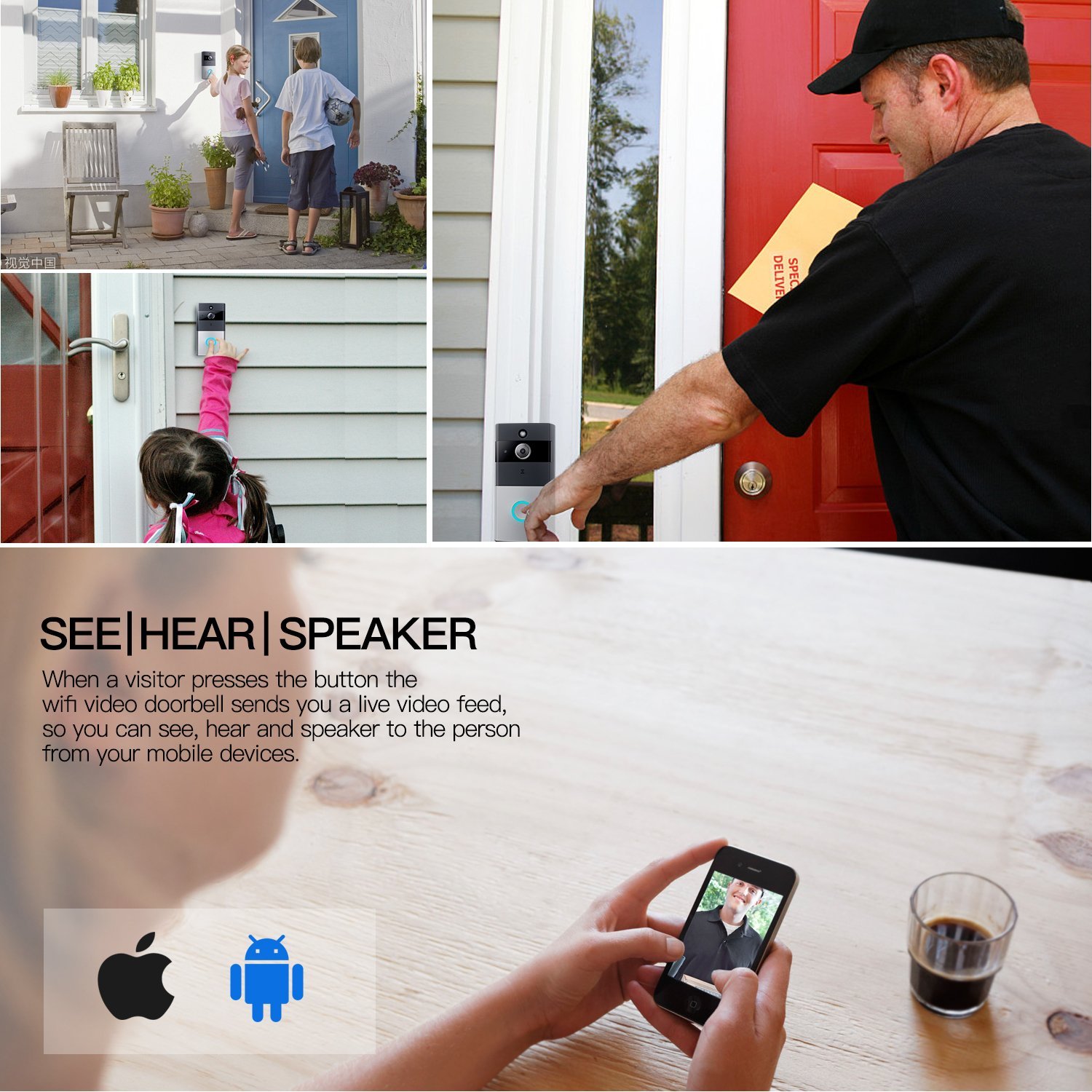 Wireless Wi-Fi Video Doorbell Cam, 720P HD Security Camera, Night Vision, IOS/ Android