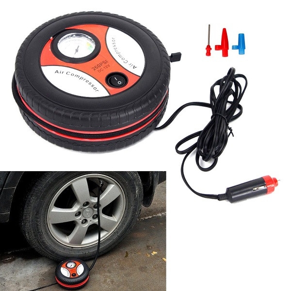 Car Mini Inflatable Pump DC12V Metal Plastic Electric Air Compressor Pump with 3 Nozzle Adapters