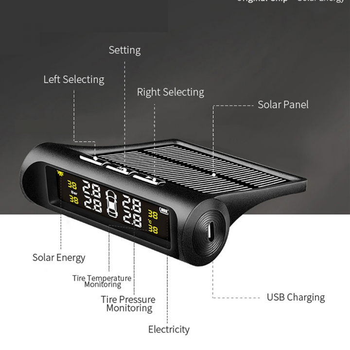 Car TPMS Alarm Tire Pressure Sensor System Solar Power Wireless LCD Monitor External Sensors