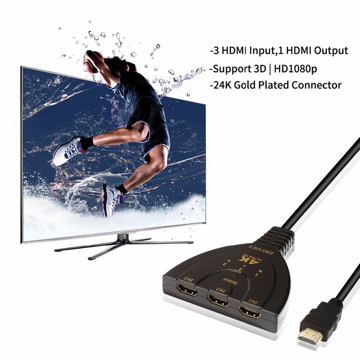 3D Mini 3 Port HDMI Switch 1.4b 4K Switcher HDMI Splitter 1080P 3 in 1 out Port Hub for DVD TV PC