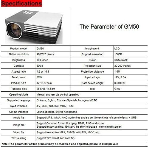 1080P HD Home Hometheater Theater LED Projector with SD/HDMI/VGA/AV/USB White &amp; Silver Grey