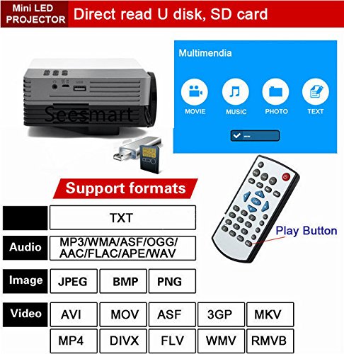 1080P HD Home Hometheater Theater LED Projector with SD/HDMI/VGA/AV/USB White &amp; Silver Grey
