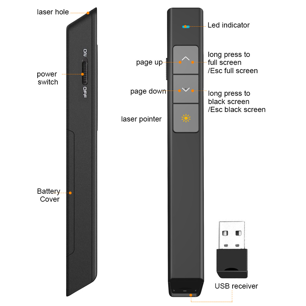 2.4GHz Wireless Presenter Pen USB Remote Control Powerpoint Presenter Clicker PPT Pointer Laser Pen