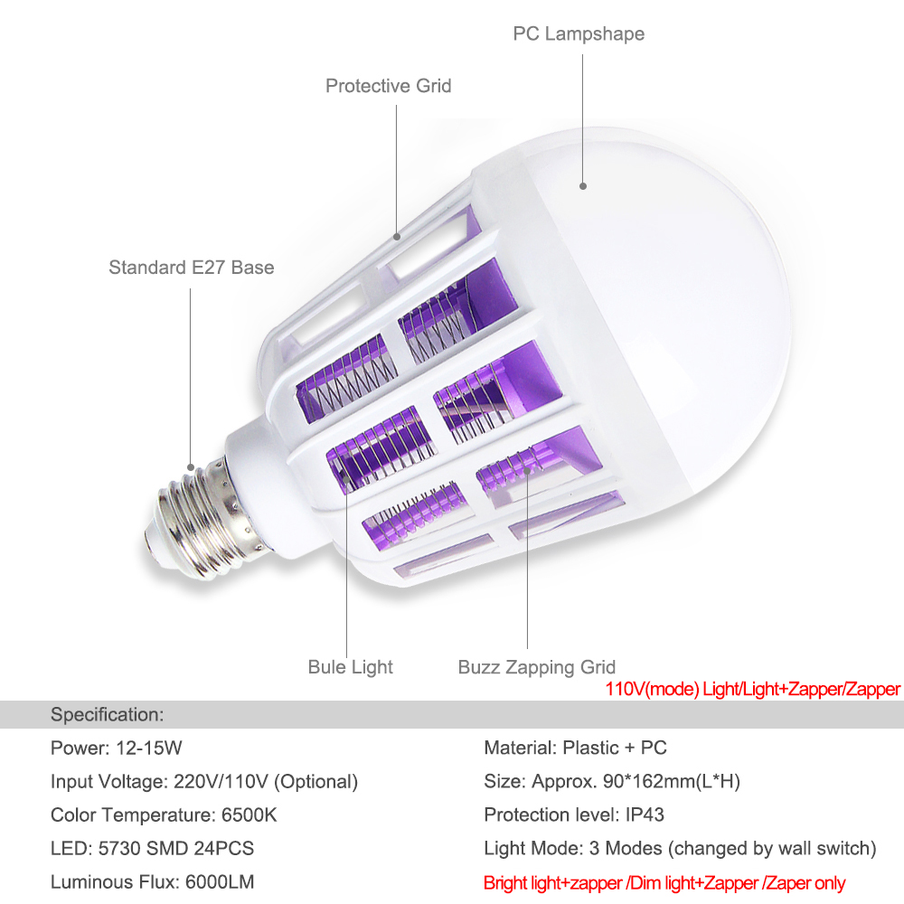 Mosquito killer lamp blub led bug zapper E27 LED Bulb Insect repellent Night Light 15W