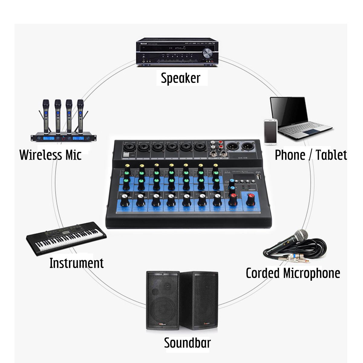 8 Channel Sound Mixer Console 48V Digital Bluetooth Professional Karaoke Audio Mixer Amplifier