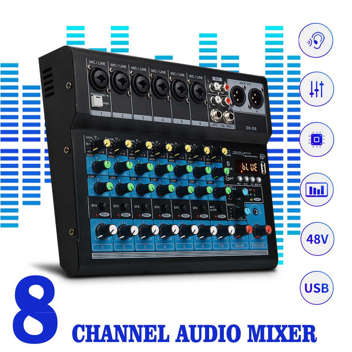 8 Channel Sound Mixer Console 48V Digital Bluetooth Professional Karaoke Audio Mixer Amplifier