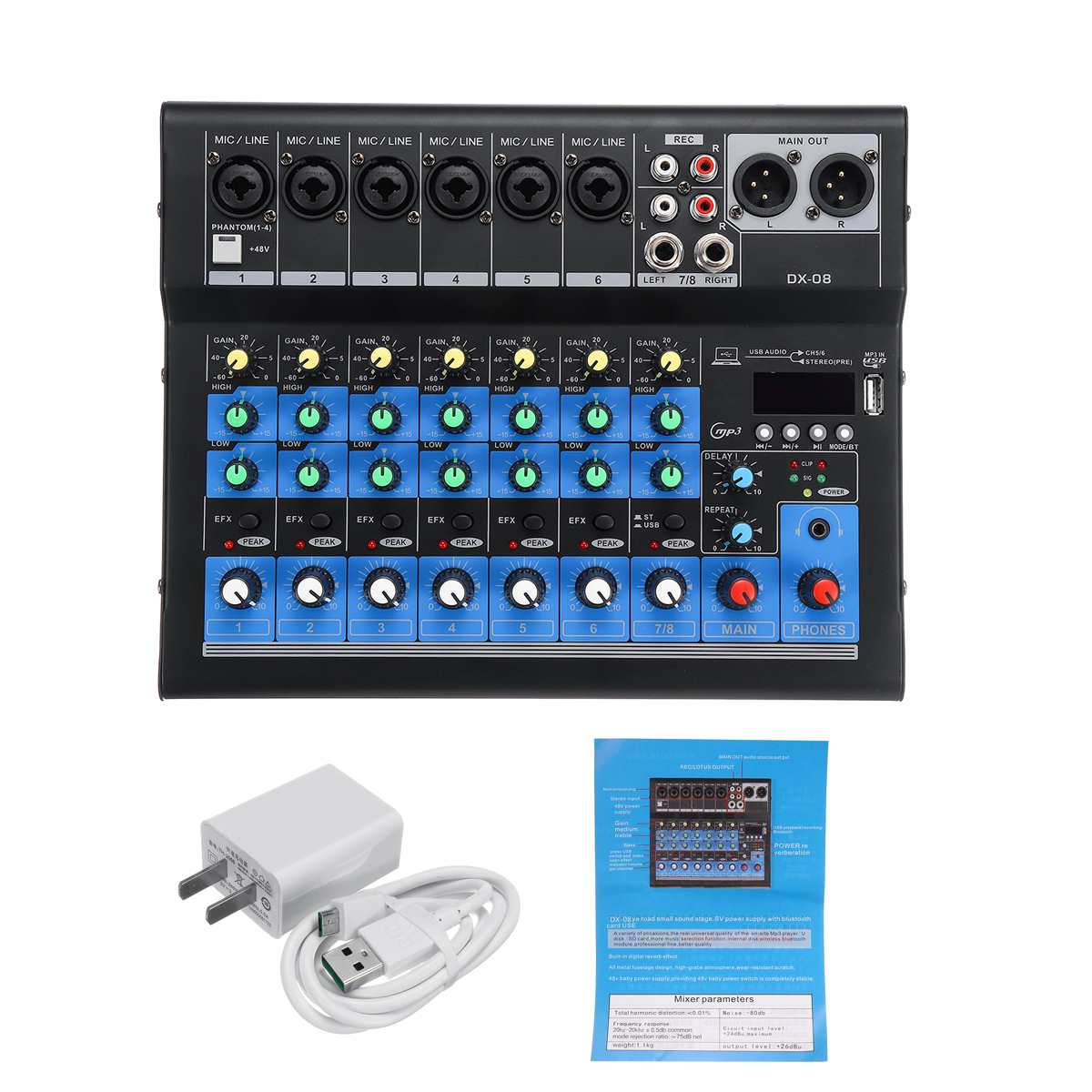 8 Channel Sound Mixer Console 48V Digital Bluetooth Professional Karaoke Audio Mixer Amplifier