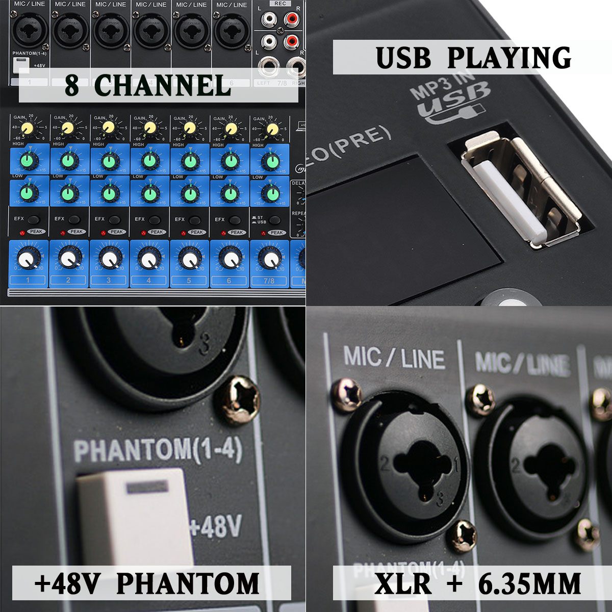 8 Channel Sound Mixer Console 48V Digital Bluetooth Professional Karaoke Audio Mixer Amplifier