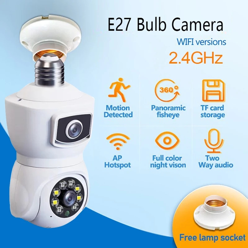 Dual Lens E27 Lamp Head Socket Full Color PTZ IP Dome Camera Surveillance Security Camera IP Camera Detection CCTV