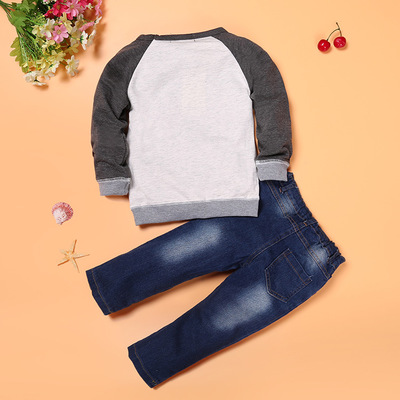 2021 High quality denim car costume cartoon boy costume boy clothes suit kids car long sleeved shirt   denim trousers
