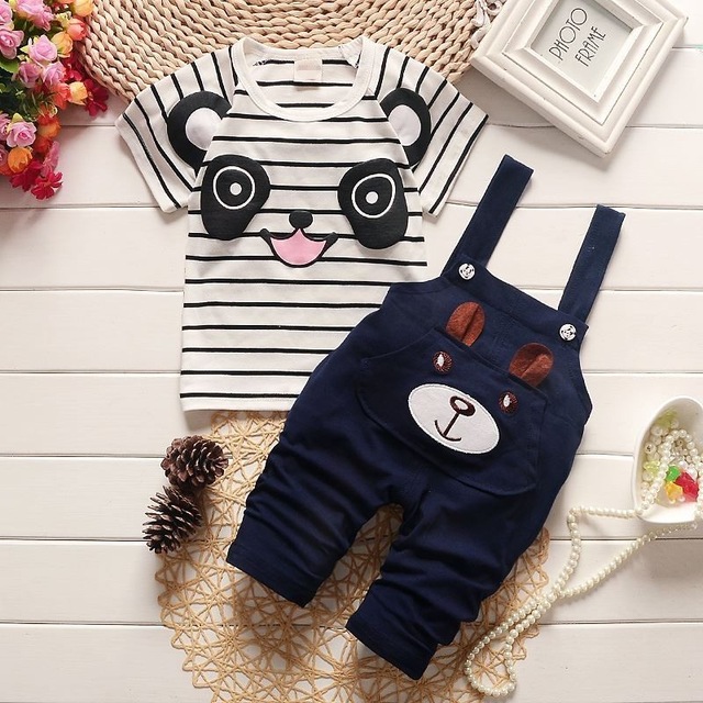 High quality Summer boys clothing sets panda cartoon cute clothes kids bib short sleeve t shirt Strap shorts