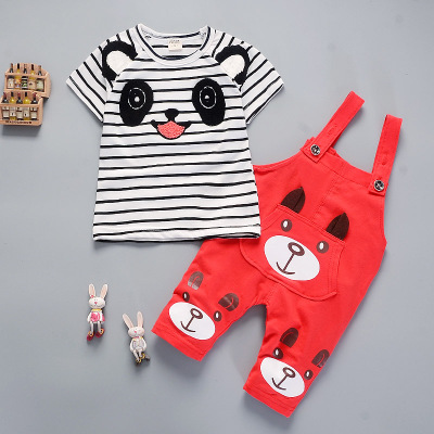 High quality Summer boys clothing sets panda cartoon cute clothes kids bib short sleeve t shirt Strap shorts