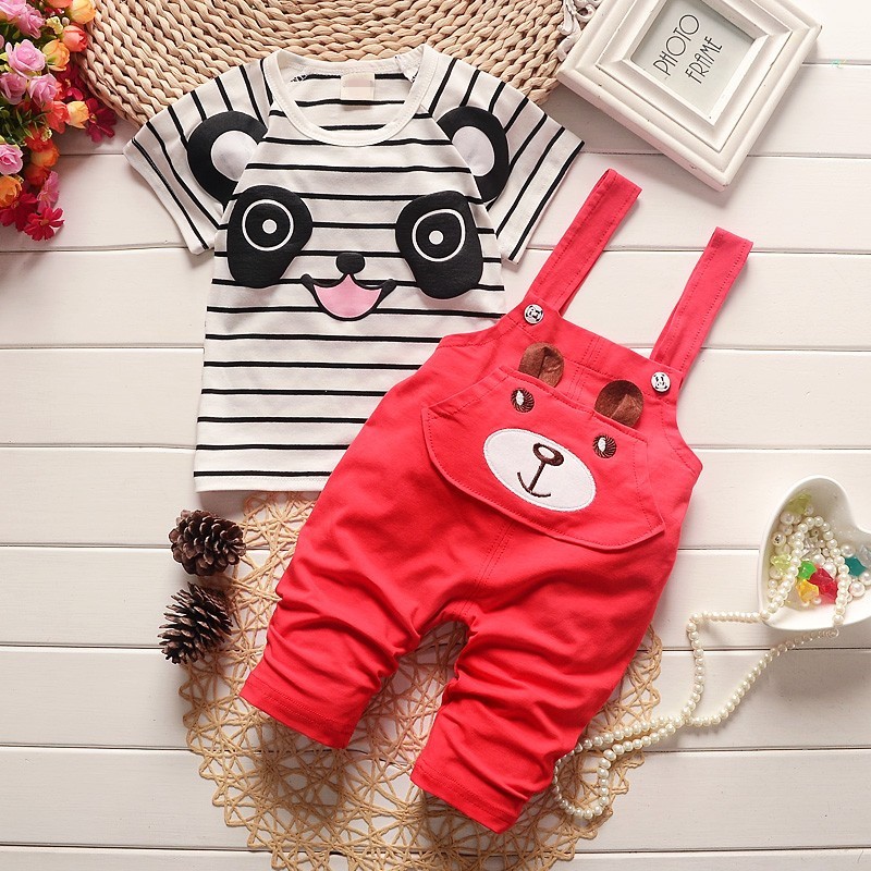 High quality Summer boys clothing sets panda cartoon cute clothes kids bib short sleeve t shirt Strap shorts