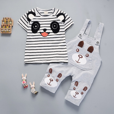 High quality Summer boys clothing sets panda cartoon cute clothes kids bib short sleeve t shirt Strap shorts