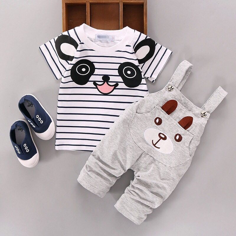 High quality Summer boys clothing sets panda cartoon cute clothes kids bib short sleeve t shirt Strap shorts