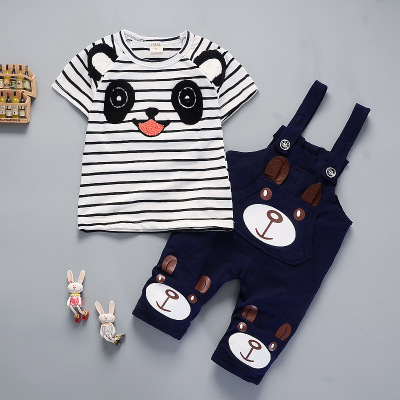 High quality Summer boys clothing sets panda cartoon cute clothes kids bib short sleeve t shirt Strap shorts
