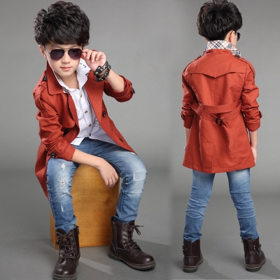 New Boys Long Pattern Casual Boys Belted Trench Coat Child  Spring Boys Jacket Outerwear