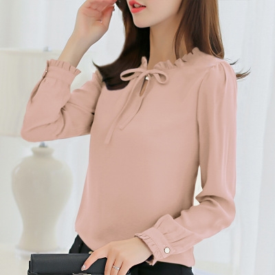 High quality Spring  Korean Casual Chiffon Blouse Shirt Pink White Office Women Shirt Chiffon Women Tops