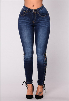 2021 High quality Europe and America Ms. Blue Corn bandage Jeans Slim Hip Skinny Thin Elasticity Wild feet pants