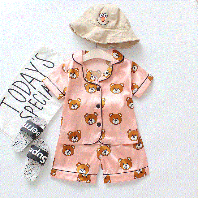 High quality Children's pajamas set Baby suit Kids Clothes Toddler Boys Girls Ice silk satin Cartoon printing Tops Pants Set home Wear