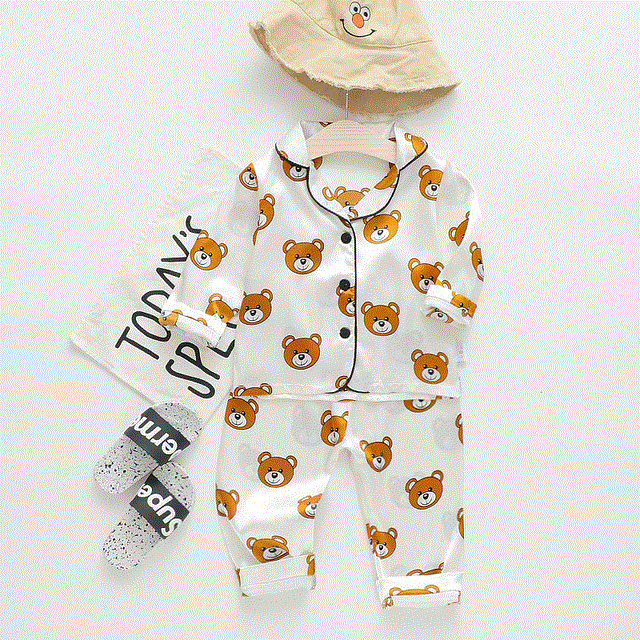 High quality Children's pajamas set Baby suit Kids Clothes Toddler Boys Girls Ice silk satin Cartoon printing Tops Pants Set home Wear