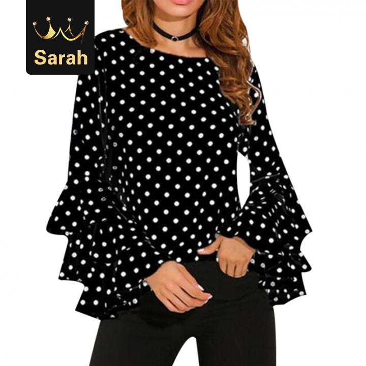 High quality Elegant Polka Dot Print Flare Sleeve Women Shirts Long Sleeve Chiffon Blouse Tops