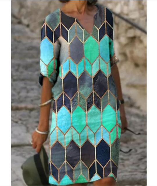 High quality Women Printed Dress Summer Fashion Half Sleeve V-neck Dress Vintage Spring Loose