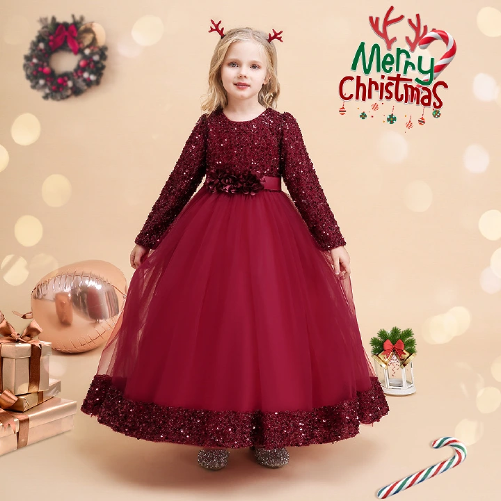 MQATZ new arrive red long sleeve girl party dress little baby sequins gown dress 8-10 year SD079