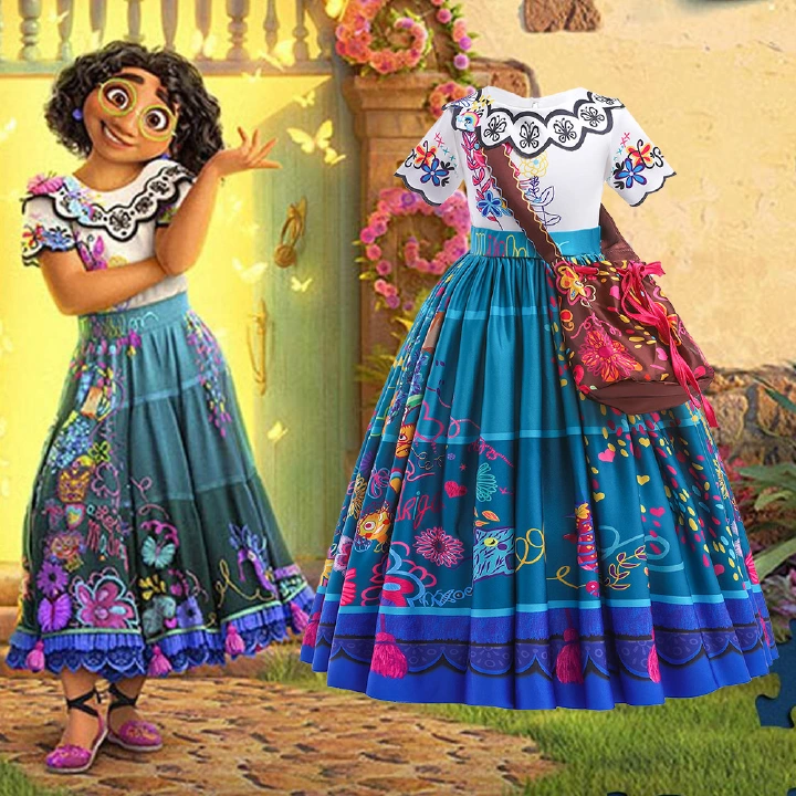 Hot Sale Mirabel Cosplay Costume Children Princess Dress Girls Party Madrigal Dress with Bag for Kids