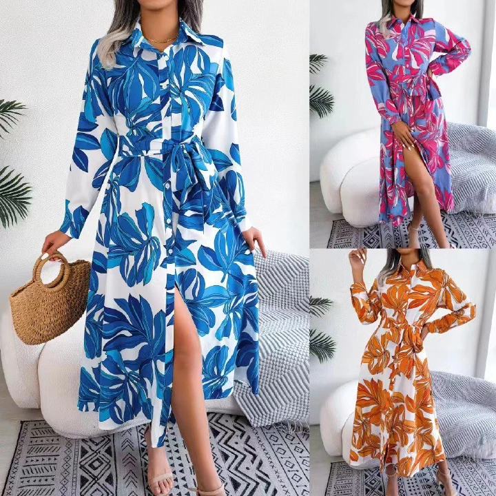 Liu Ming Fashionable  Women Clothing Floral Print High Waist Lace Up Sundress Casual Button Shirts Dress