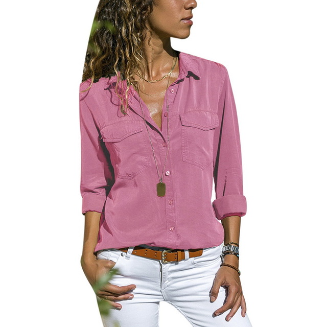 High quality Turn Down Collar Shirts Solid Colors Women's Long Sleeve Tops Pockets Design Blusas V Neck Shirt
