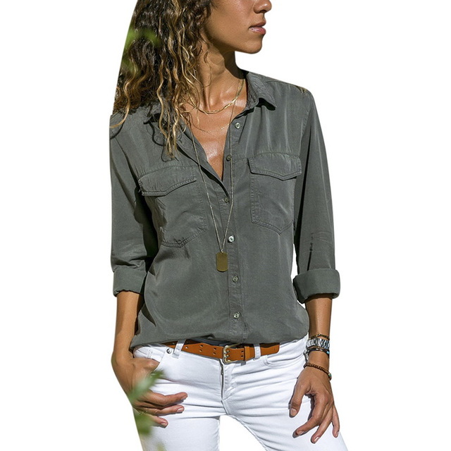 High quality Turn Down Collar Shirts Solid Colors Women's Long Sleeve Tops Pockets Design Blusas V Neck Shirt