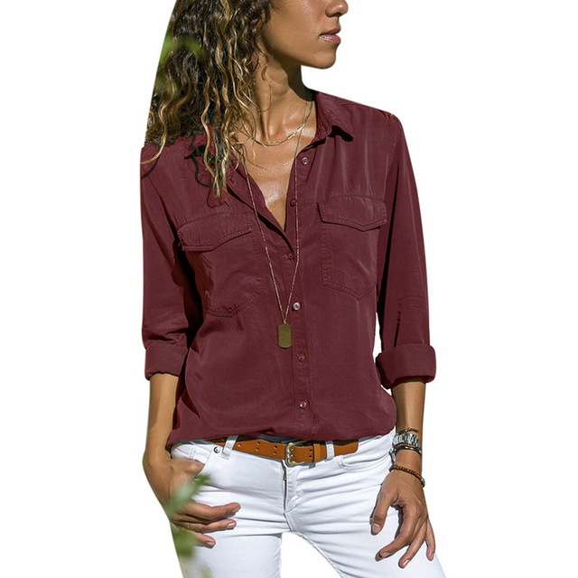 High quality Turn Down Collar Shirts Solid Colors Women's Long Sleeve Tops Pockets Design Blusas V Neck Shirt