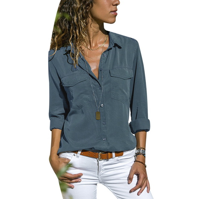High quality Turn Down Collar Shirts Solid Colors Women's Long Sleeve Tops Pockets Design Blusas V Neck Shirt