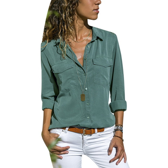 High quality Turn Down Collar Shirts Solid Colors Women's Long Sleeve Tops Pockets Design Blusas V Neck Shirt