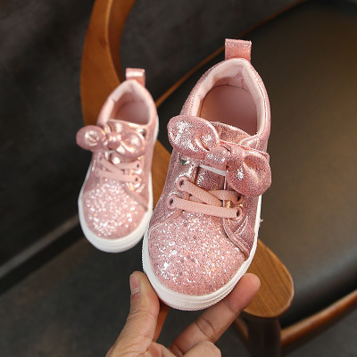 2021 High quality Girls Shoes Baby Sneakers Children Casual Shoes Bow-knot Glitter Leather Flat Princess Shoes