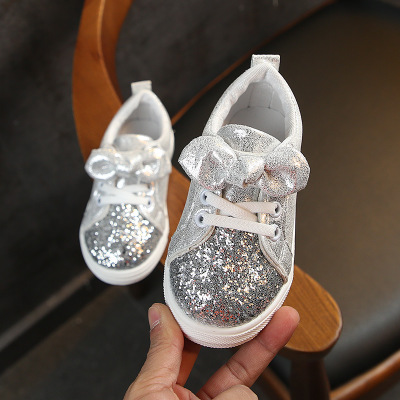 2021 High quality Girls Shoes Baby Sneakers Children Casual Shoes Bow-knot Glitter Leather Flat Princess Shoes