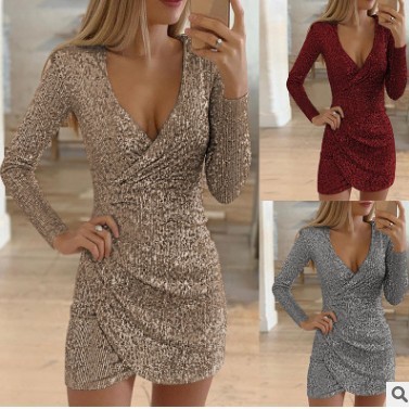 High quality Lady Sequin Glitter Shiny Club Mini Dress Sexy Deep V-neck Slit Bodycon Autumn Long Sleeve Dress
