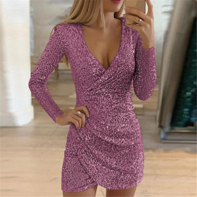 High quality Lady Sequin Glitter Shiny Club Mini Dress Sexy Deep V-neck Slit Bodycon Autumn Long Sleeve Dress