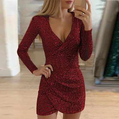 High quality Lady Sequin Glitter Shiny Club Mini Dress Sexy Deep V-neck Slit Bodycon Autumn Long Sleeve Dress