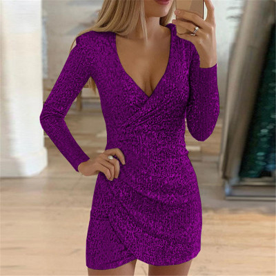 High quality Lady Sequin Glitter Shiny Club Mini Dress Sexy Deep V-neck Slit Bodycon Autumn Long Sleeve Dress