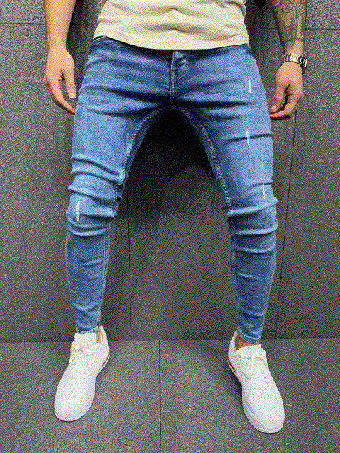 High quality Men Skinny Jeans Ripped Hole Casual Denim Pant Full Lenght Pencil Pants Slim Stretch Jeans