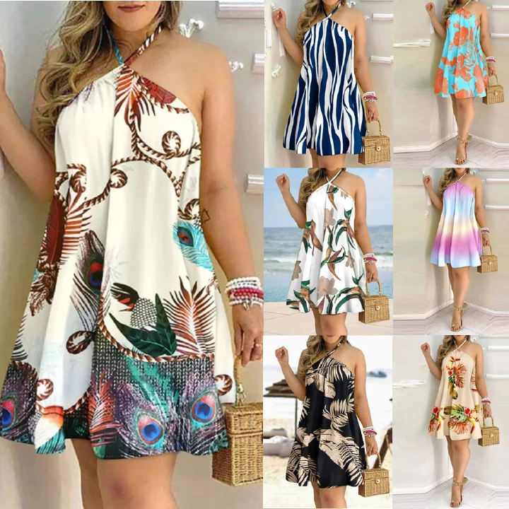 Women's Summer Off Shoulder Dress Neck Lacing Loose Fit Casual Party Beach Gown,Vacation Style Backless Dress, Women's Clothing,Women Loose Vintage Ruffles Befree Dress Strip Strap Halter Summer