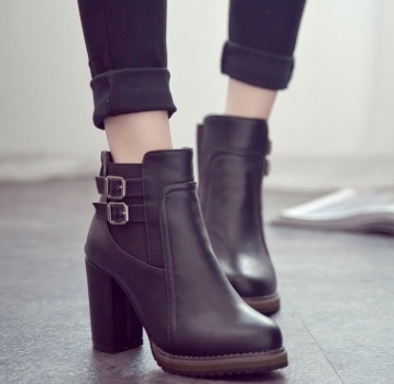 Women Shoes Buckle  Ankle Boots PU leather Round Toe Square High Heel Ladies Shoes