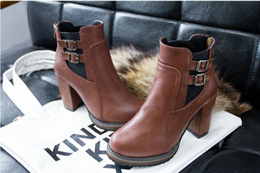Women Shoes Buckle  Ankle Boots PU leather Round Toe Square High Heel Ladies Shoes