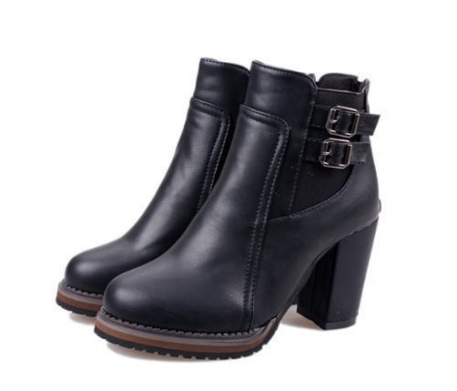 Women Shoes Buckle  Ankle Boots PU leather Round Toe Square High Heel Ladies Shoes