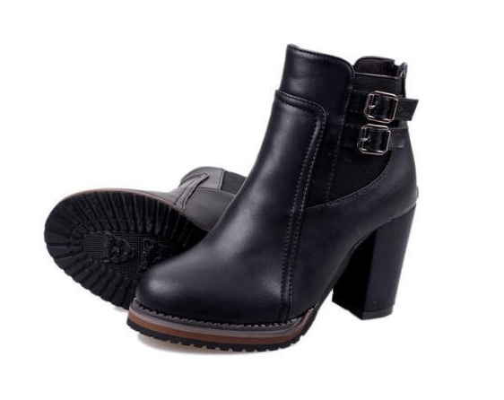 Women Shoes Buckle  Ankle Boots PU leather Round Toe Square High Heel Ladies Shoes