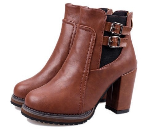 Women Shoes Buckle  Ankle Boots PU leather Round Toe Square High Heel Ladies Shoes